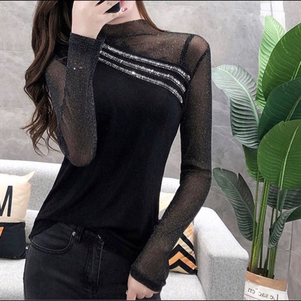 New Black Rhinestones Glitter Long Sleeve Top